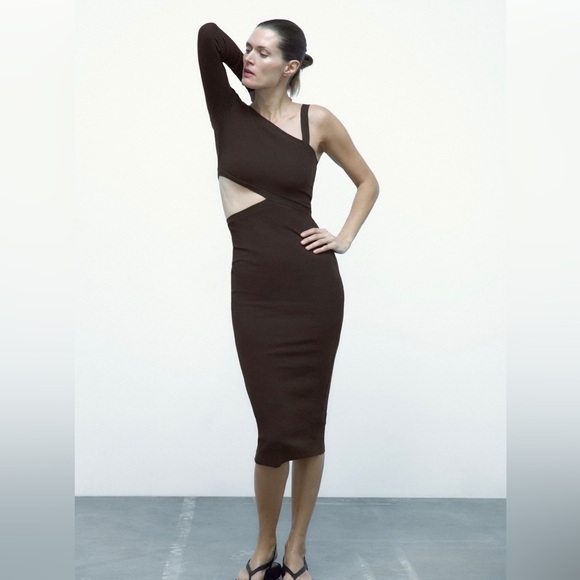 ZARA Chocolate Brown Cut Out Ribbed Asymmetric Neckline Long Sleeve Dress Sz L - Picture 1 of 15